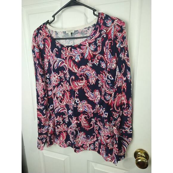 Talbots Sweater Women LP Dark Blue Pink Paisley Knit Stretch Lightweight Top - Picture 2 of 8
